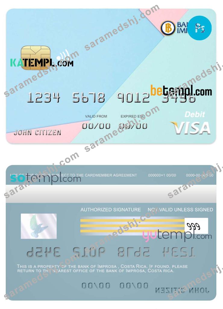 Costa Rica Improsa bank visa credit card template in PSD format, fully editable